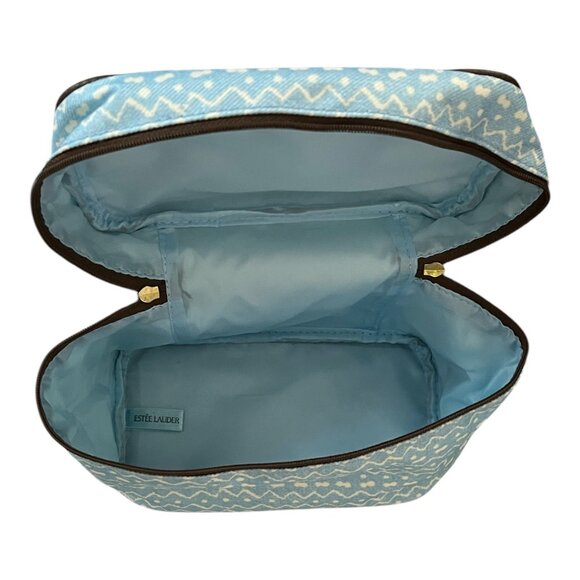 Vtg Estée Lauder Blue White Zigzag Cosmetic Travel Bag with Brown Trim - Picture 6 of 8